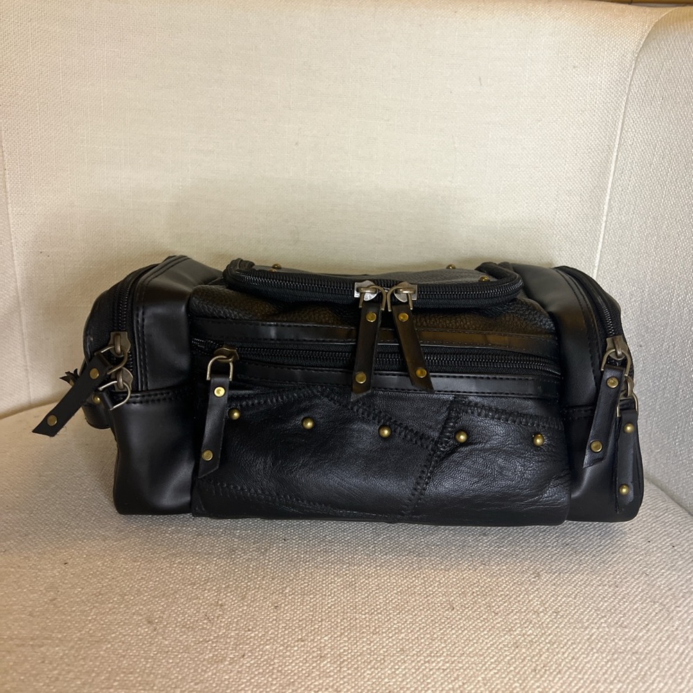 Men's Black Leather Toiletry Bag with Brass Stud Details